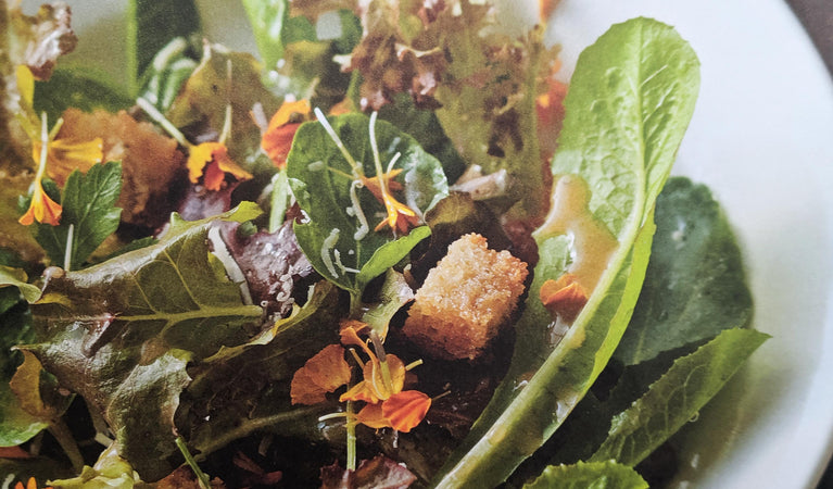 Recipe 6: Mignonette and red oak lettuce with gruyere, Dijon vinaigrette and garlic croutons