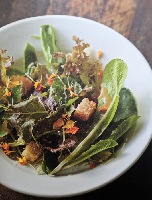 Recipe 6: Mignonette and red oak lettuce with gruyere, Dijon vinaigrette and garlic croutons